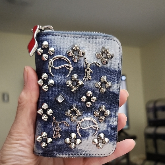 New Christian Louboutin Denim Blue Leather Wallet with Studs - Picture 2 of 5